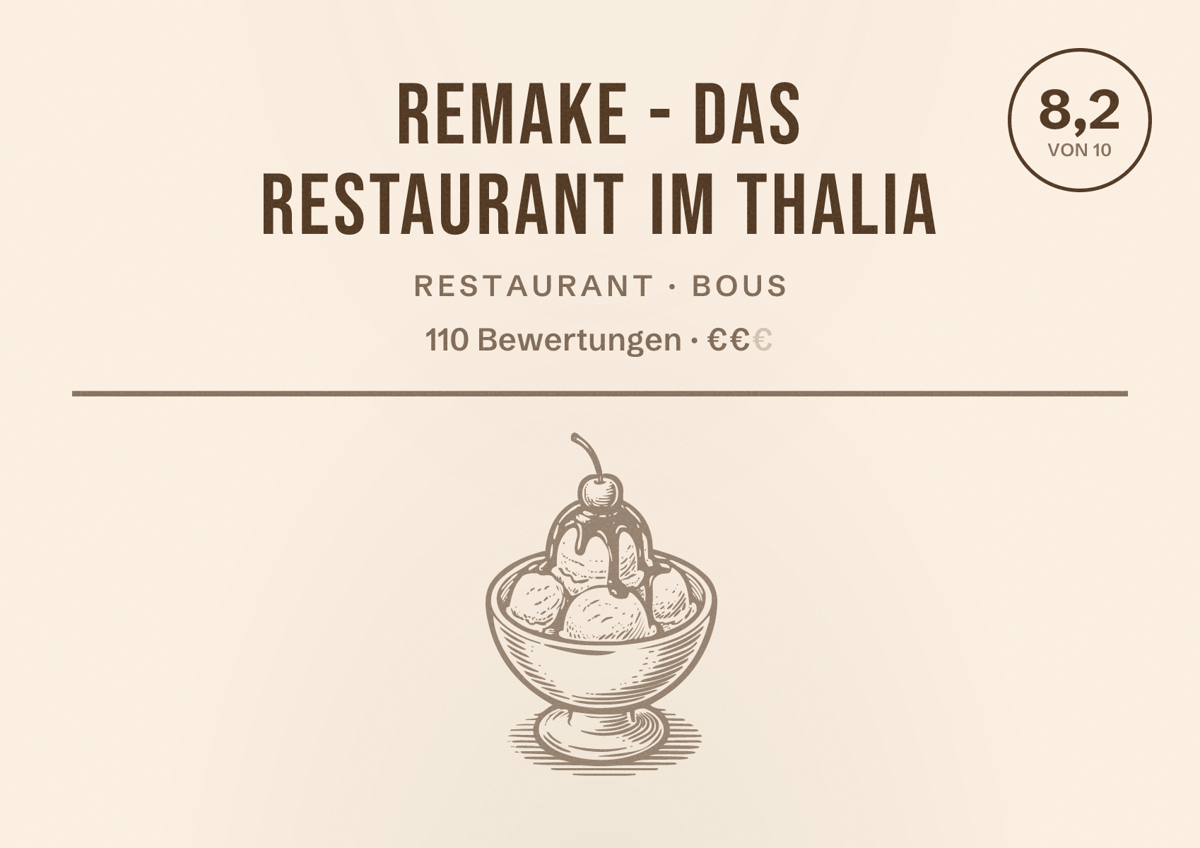 Illustriertes Poster von REMAKE - Das Restaurant im THALIA, Restaurant in Bous: Bewertung 8,2 von 10 aus 110 Bewertungen, Preisniveau €€