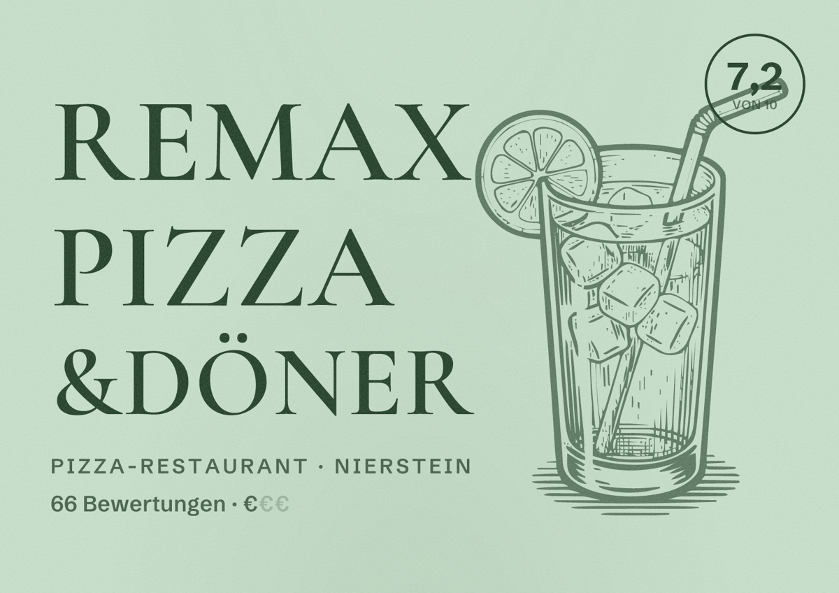 Illustriertes Poster von Remax Pizza &Döner, Pizza-Restaurant in Nierstein: Bewertung 7,2 von 10 aus 66 Bewertungen, Preisniveau €