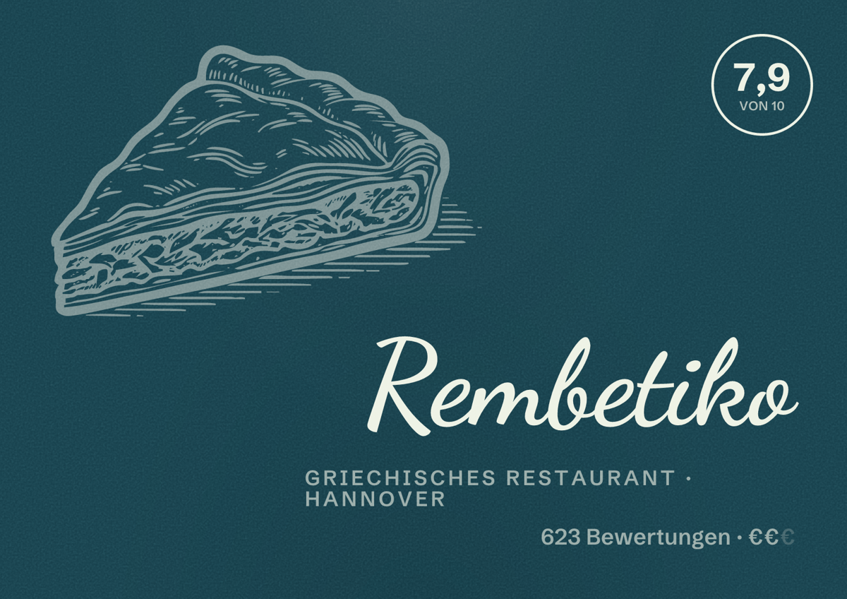 Illustriertes Poster von Rembetiko, Griechisches Restaurant in Hannover: Bewertung 7,9 von 10 aus 623 Bewertungen, Preisniveau €€