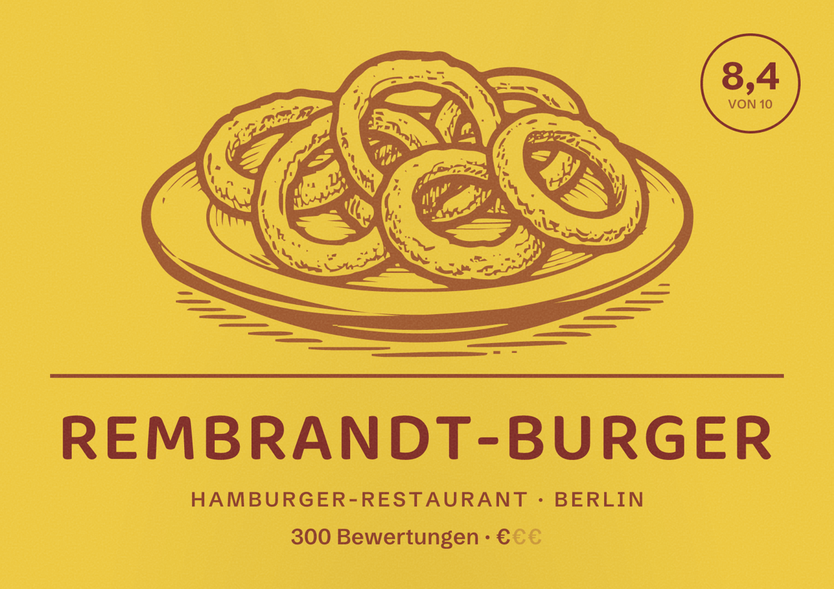 Illustriertes Poster von rembrandt-burger, Hamburger-Restaurant in Berlin: Bewertung 8,4 von 10 aus 300 Bewertungen, Preisniveau €