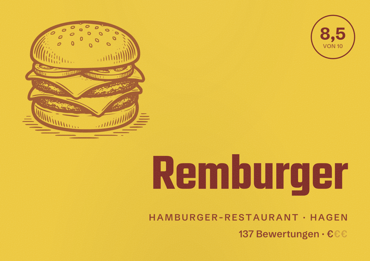 Illustriertes Poster von Remburger, Hamburger-Restaurant in Hagen: Bewertung 8,5 von 10 aus 137 Bewertungen, Preisniveau €