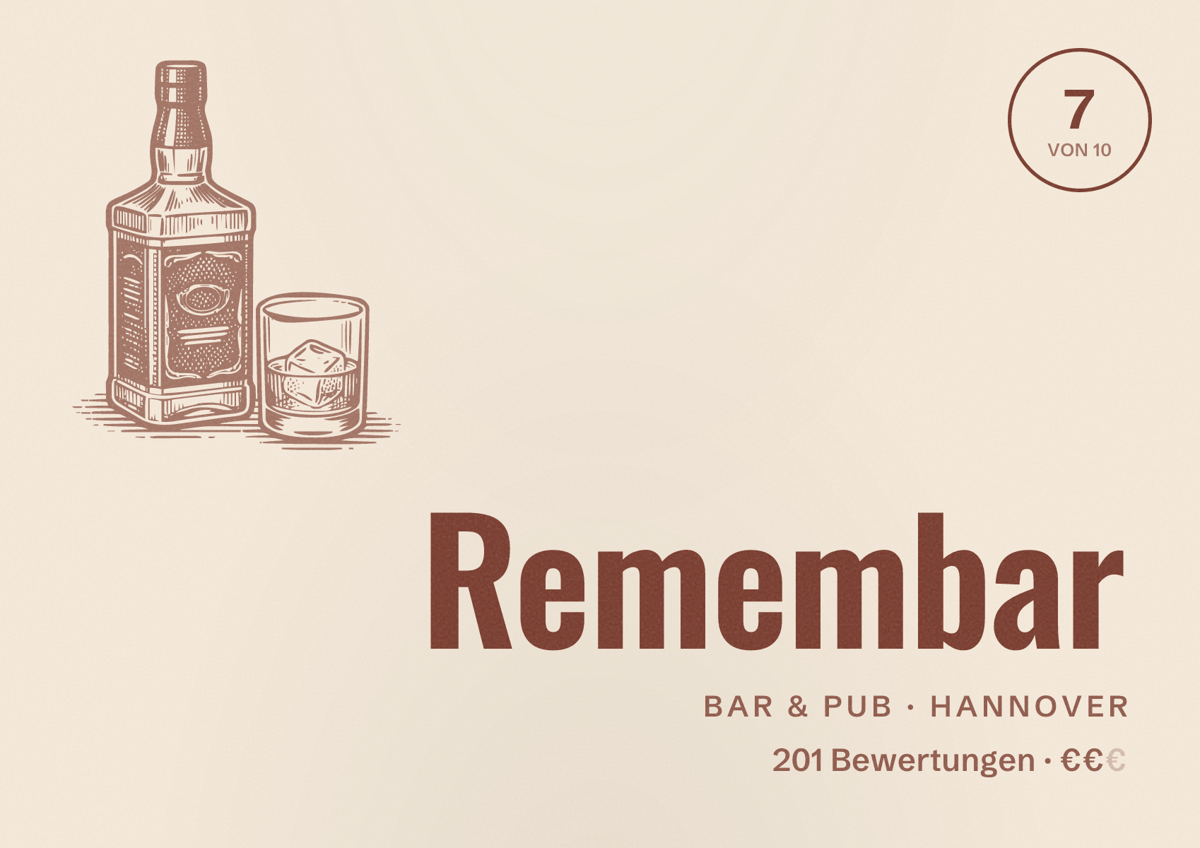 Illustriertes Poster von Remembar, Bar & Pub in Hannover: Bewertung 7,0 von 10 aus 201 Bewertungen, Preisniveau €€