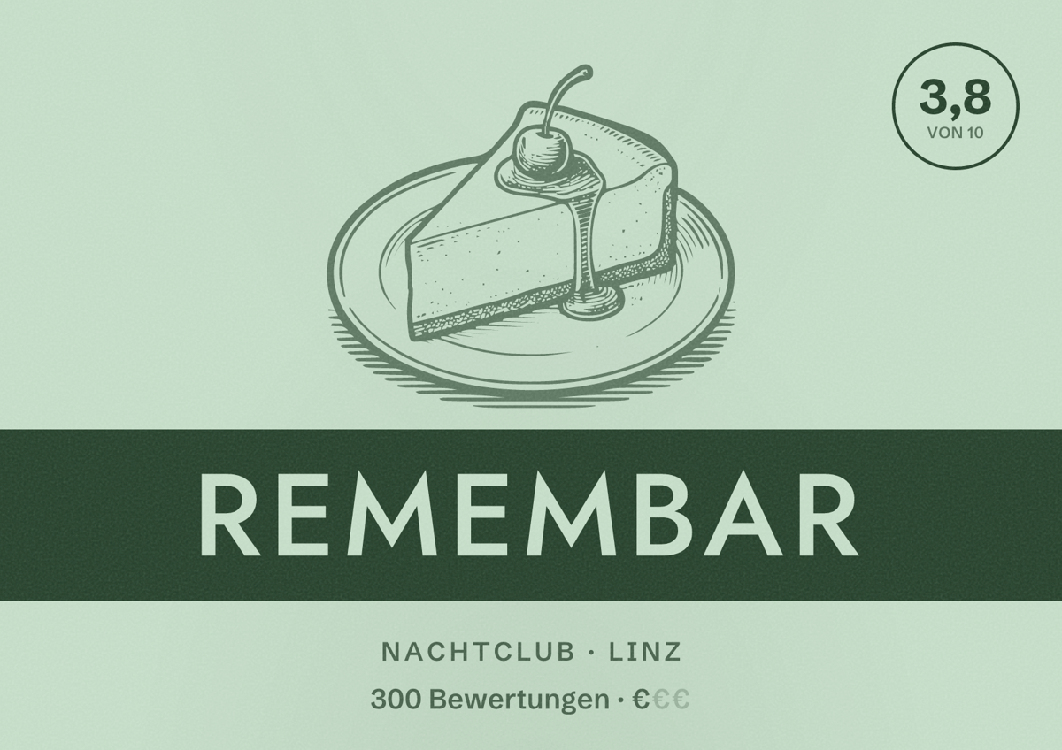 Illustriertes Poster von Remembar, Nachtclub in Linz: Bewertung 3,8 von 10 aus 300 Bewertungen, Preisniveau €