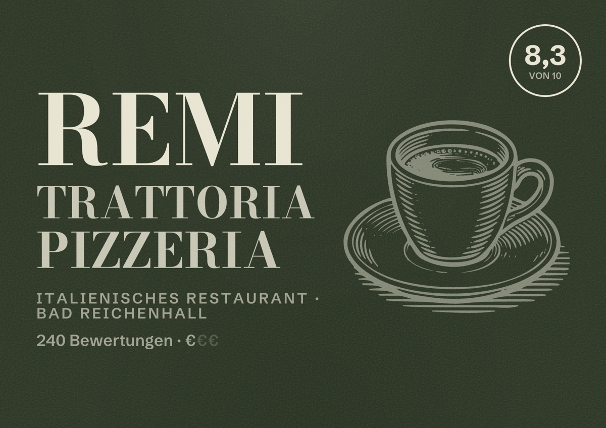 Illustriertes Poster von Remi Trattoria Pizzeria, Italienisches Restaurant in Bad Reichenhall: Bewertung 8,3 von 10 aus 240 Bewertungen, Preisniveau €