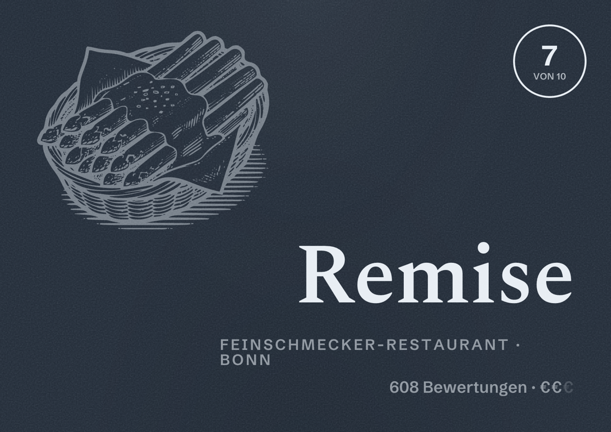 Illustriertes Poster von Remise, Feinschmecker-Restaurant in Bonn: Bewertung 7 von 10 aus 608 Bewertungen, Preisniveau €€