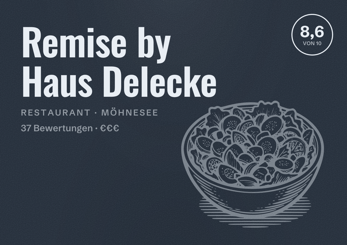Illustriertes Poster von Remise by Haus Delecke, Restaurant in Möhnesee: Bewertung 8,6 von 10 aus 37 Bewertungen, Preisniveau €€€