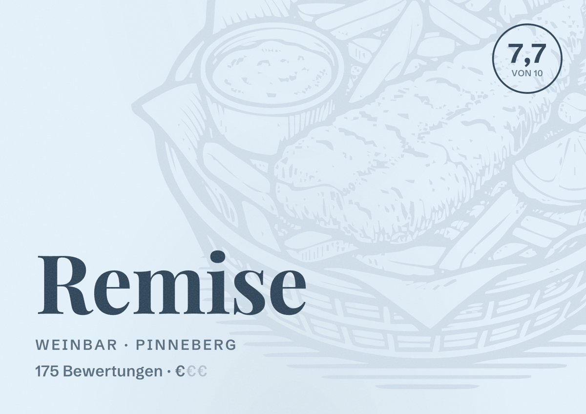 Illustriertes Poster von Remise, Weinbar in Pinneberg: Bewertung 7,7 von 10 aus 175 Bewertungen, Preisniveau €
