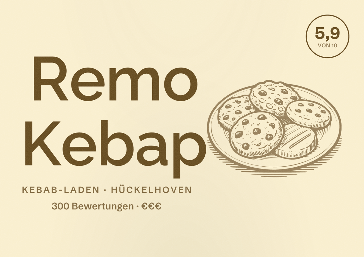 Illustriertes Poster von Remo Kebap, Kebab-Laden in Hückelhoven: Bewertung 5,9 von 10 aus 300 Bewertungen, Preisniveau €€€