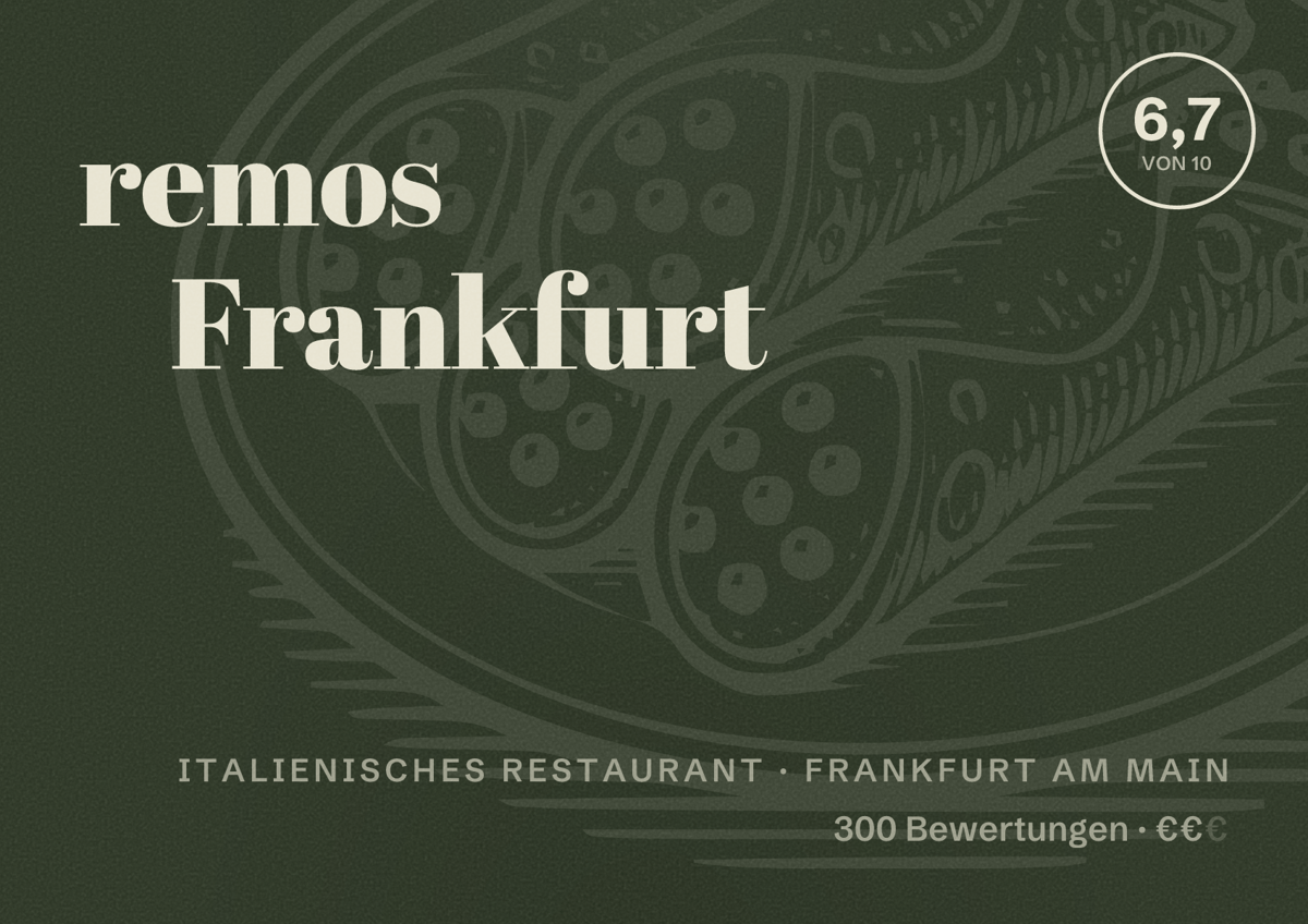 Illustriertes Poster von remos Frankfurt, Italienisches Restaurant in Frankfurt am Main: Bewertung 6,7 von 10 aus 300 Bewertungen, Preisniveau €€