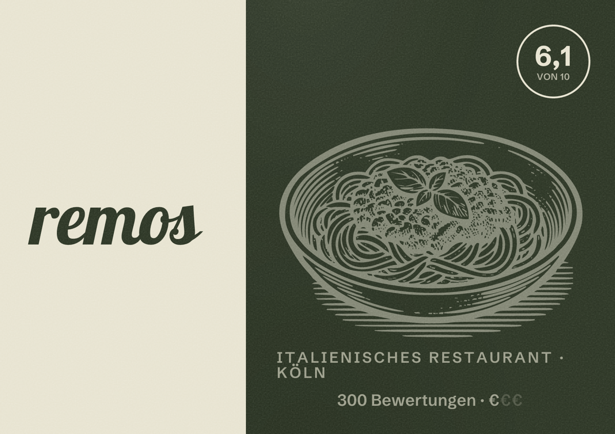 Illustriertes Poster von remos, Italienisches Restaurant in Köln: Bewertung 6,1 von 10 aus 300 Bewertungen, Preisniveau €
