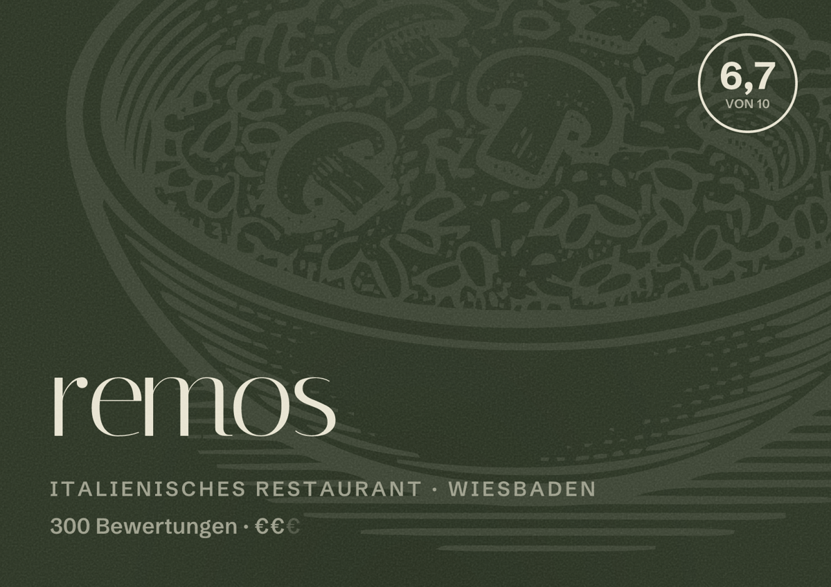 Illustriertes Poster von remos, Italienisches Restaurant in Wiesbaden: Bewertung 6,7 von 10 aus 300 Bewertungen, Preisniveau €€