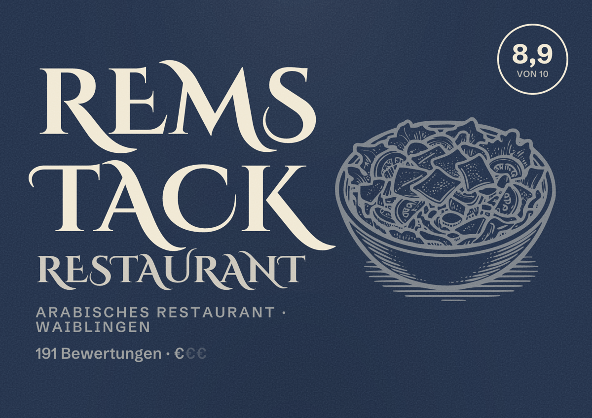 Illustriertes Poster von Rems Tack Restaurant, Arabisches Restaurant in Waiblingen: Bewertung 8,9 von 10 aus 191 Bewertungen, Preisniveau €