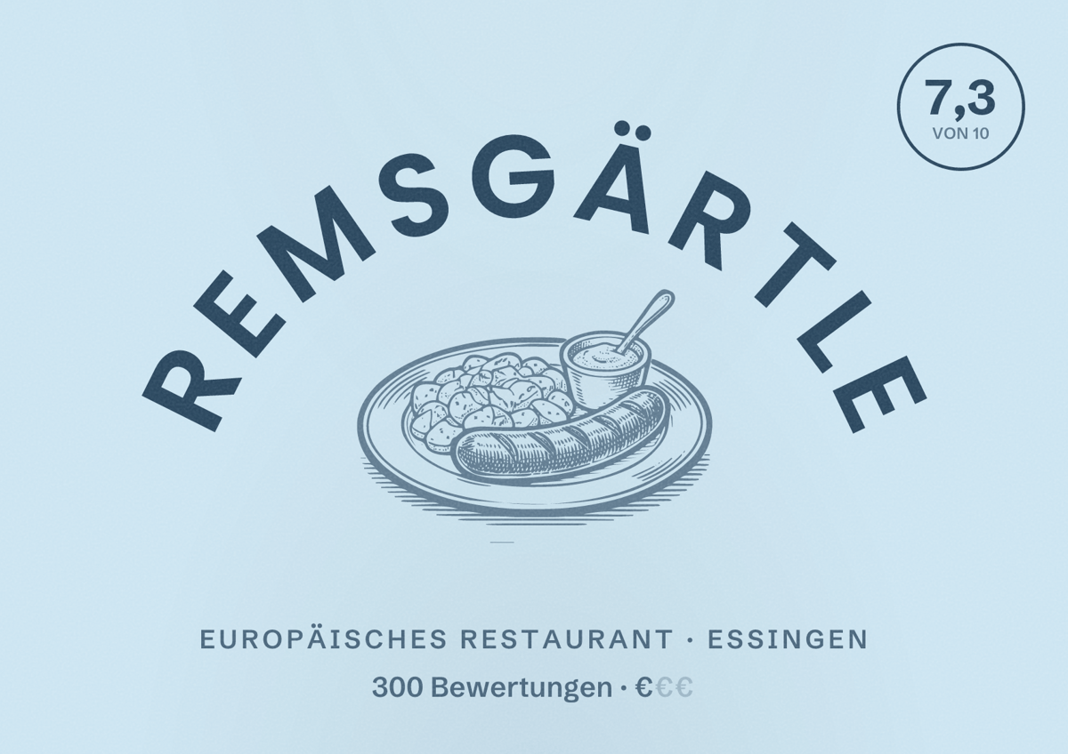 Illustriertes Poster von Remsgärtle, Europäisches Restaurant in Essingen: Bewertung 7,3 von 10 aus 300 Bewertungen, Preisniveau €