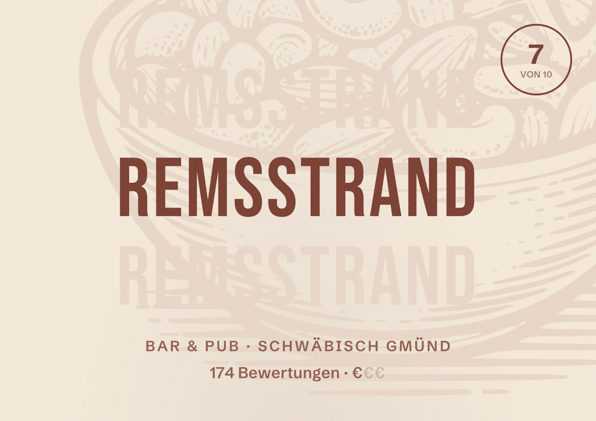 Illustriertes Poster von Remsstrand, Bar & Pub in Schwäbisch Gmünd: Bewertung 7 von 10 aus 174 Bewertungen, Preisniveau €