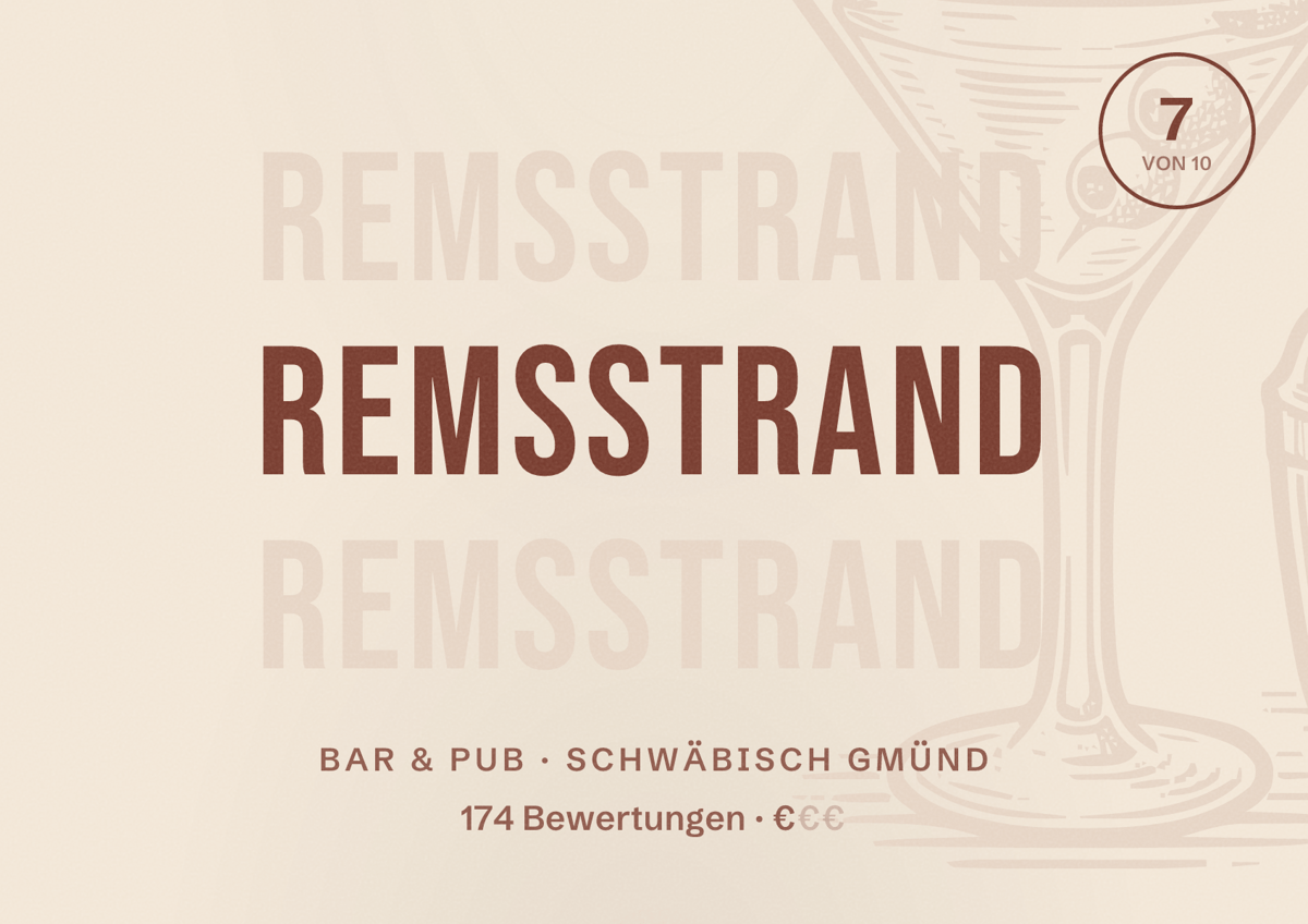 Illustriertes Poster von Remsstrand, Bar & Pub in Schwäbisch Gmünd: Bewertung 7 von 10 aus 174 Bewertungen, Preisniveau €