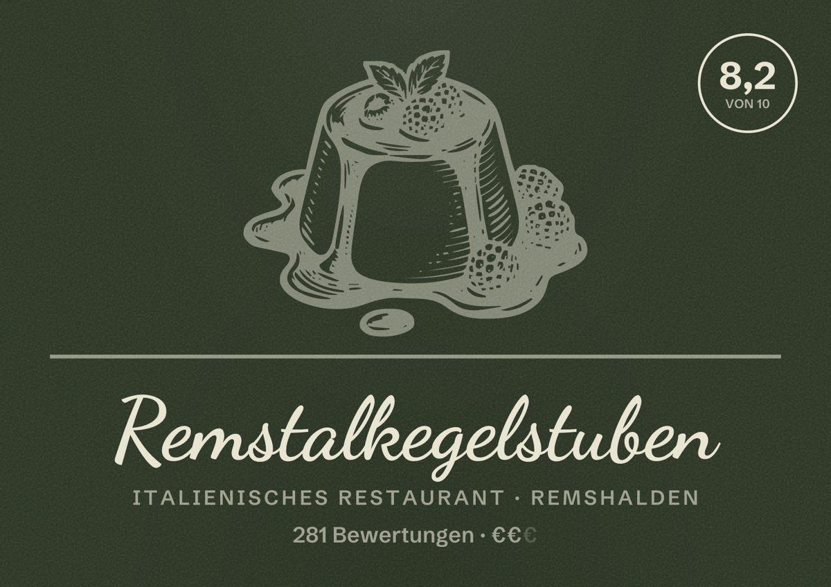 Illustriertes Poster von Remstalkegelstuben, Italienisches Restaurant in Remshalden: Bewertung 8,2 von 10 aus 281 Bewertungen, Preisniveau €€