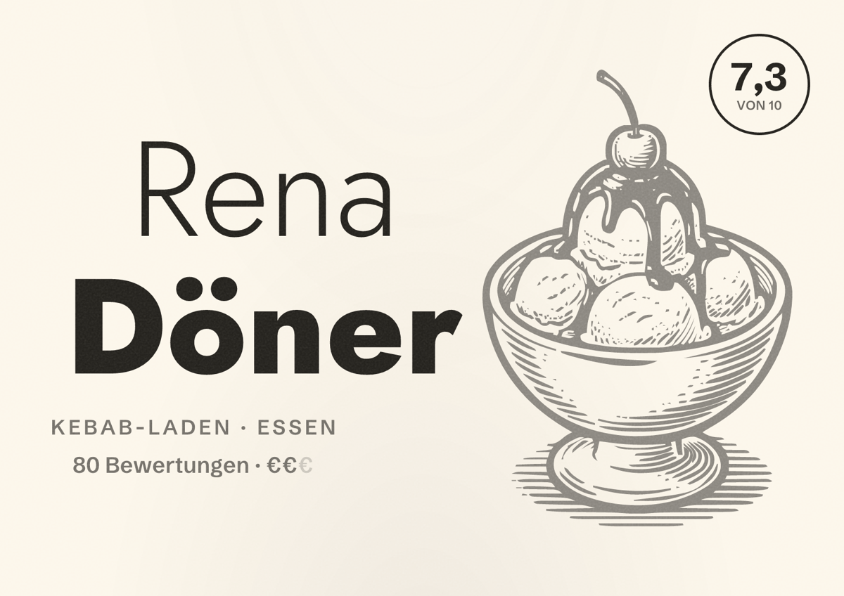 Illustriertes Poster von Rena Döner, Kebab-Laden in Essen: Bewertung 7,3 von 10 aus 80 Bewertungen, Preisniveau €€