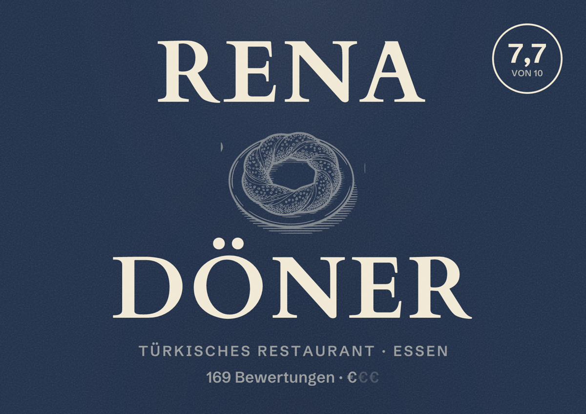 Illustriertes Poster von Rena Döner, Türkisches Restaurant in Essen: Bewertung 7,7 von 10 aus 169 Bewertungen, Preisniveau €