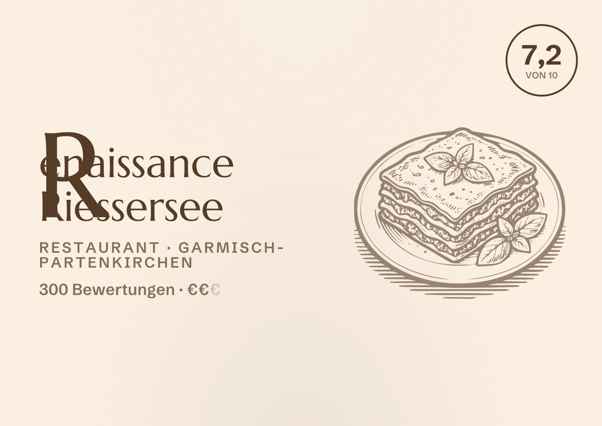 Illustriertes Poster von Renaissance Riessersee, Restaurant in Garmisch-Partenkirchen: Bewertung 7,2 von 10 aus 300 Bewertungen, Preisniveau €€