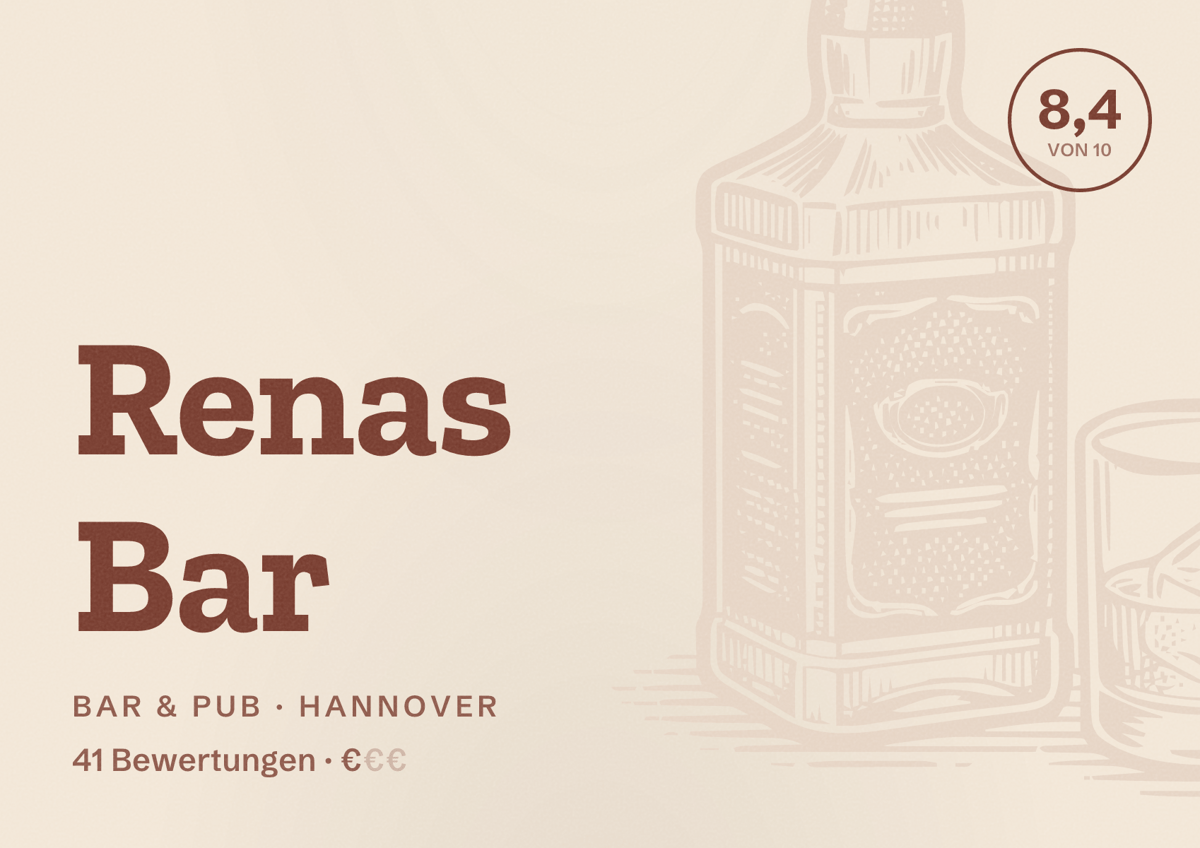 Illustriertes Poster von Renas Bar, Bar & Pub in Hannover: Bewertung 8,4 von 10 aus 41 Bewertungen, Preisniveau €