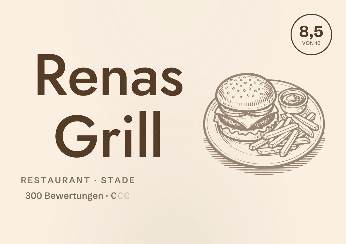 Illustriertes Poster von Renas Grill, Restaurant in Stade: Bewertung 8,5 von 10 aus 300 Bewertungen, Preisniveau €
