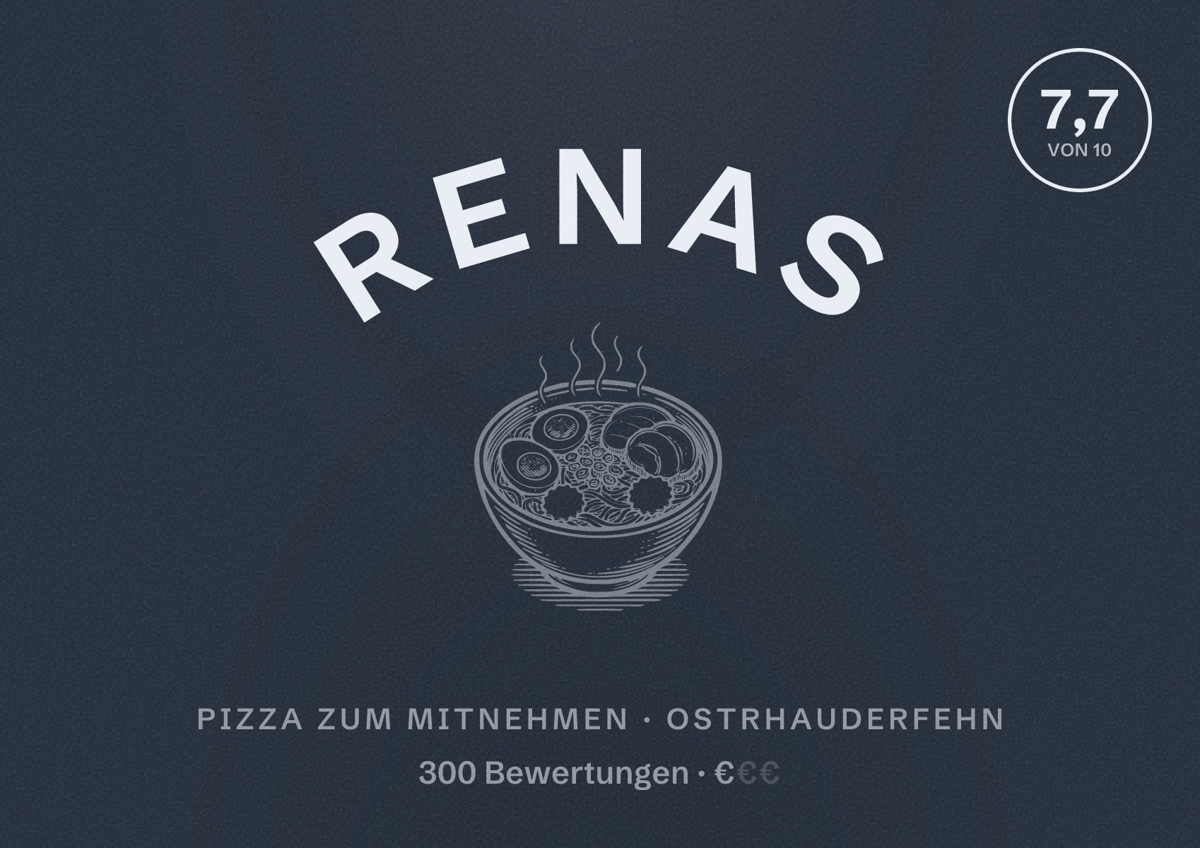 Illustriertes Poster von Renas, Pizza zum Mitnehmen in Ostrhauderfehn: Bewertung 7,7 von 10 aus 300 Bewertungen, Preisniveau €