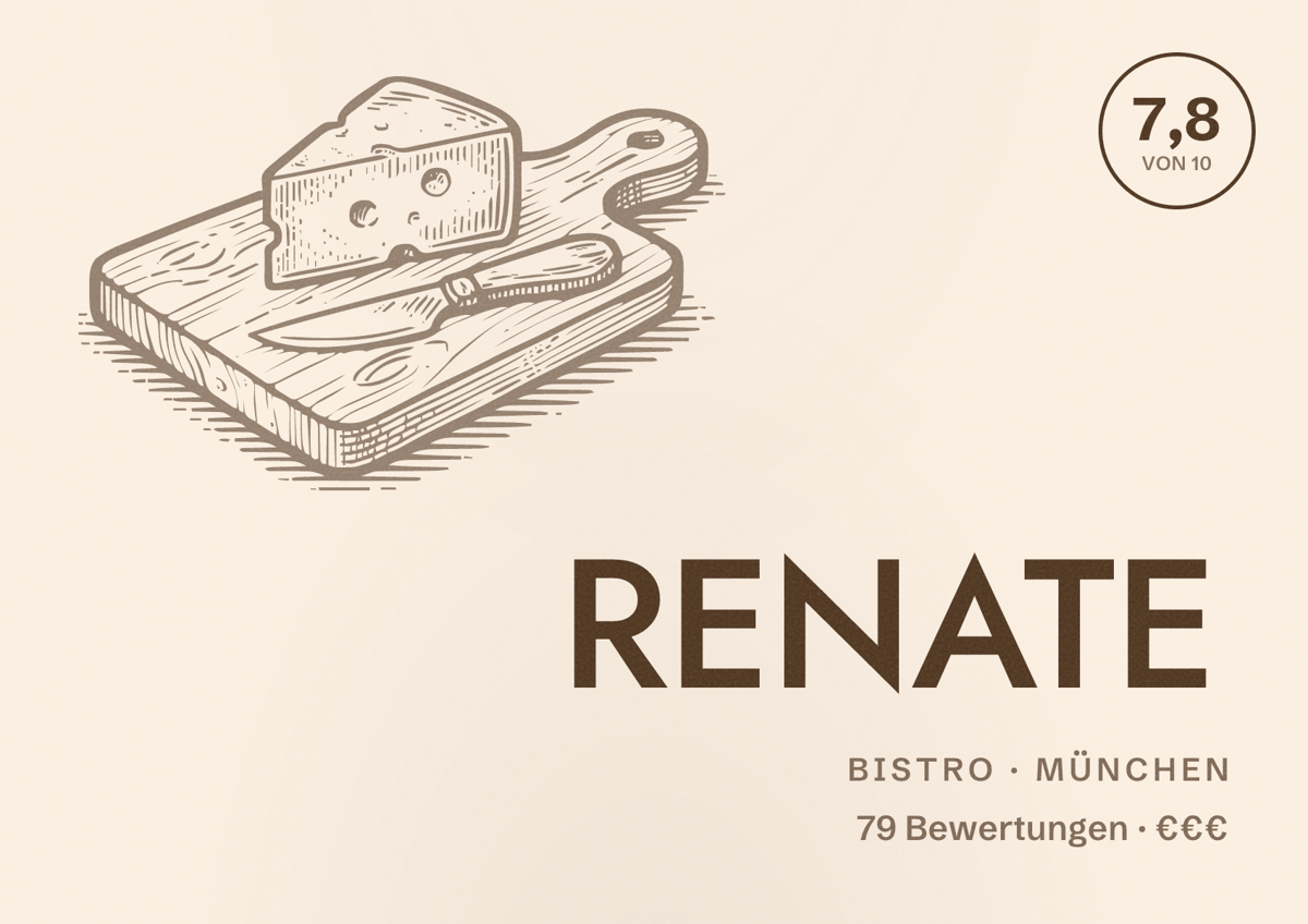 Illustriertes Poster von RENATE, Bistro in München: Bewertung 7,8 von 10 aus 79 Bewertungen, Preisniveau €€€