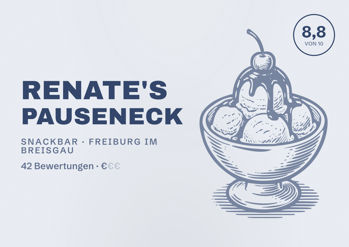 Illustriertes Poster von Renate's Pauseneck, Snackbar in Freiburg im Breisgau: Bewertung 8,8 von 10 aus 42 Bewertungen, Preisniveau €