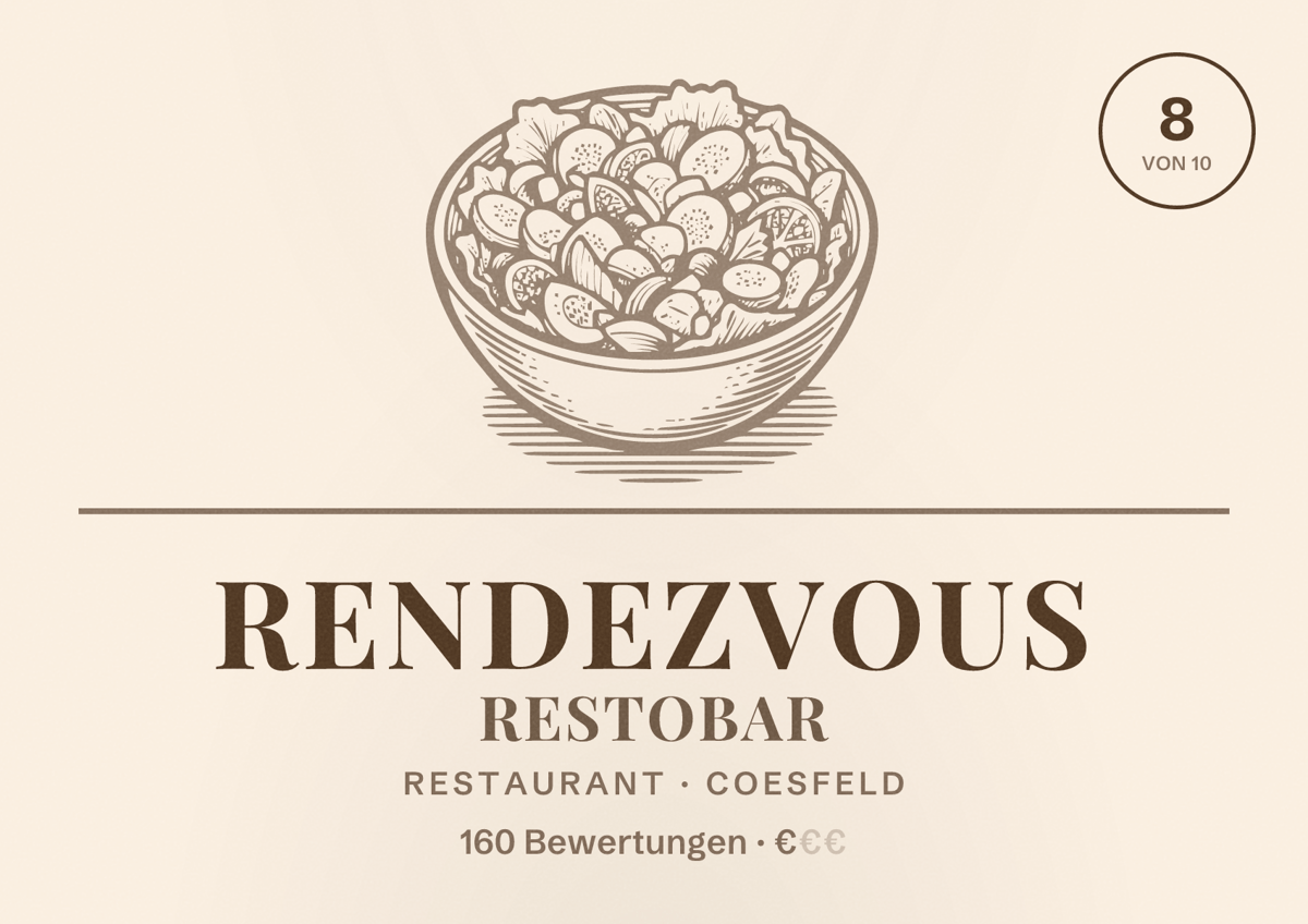 Illustriertes Poster von Rendezvous Restobar, Restaurant in Coesfeld: Bewertung 8 von 10 aus 160 Bewertungen, Preisniveau €