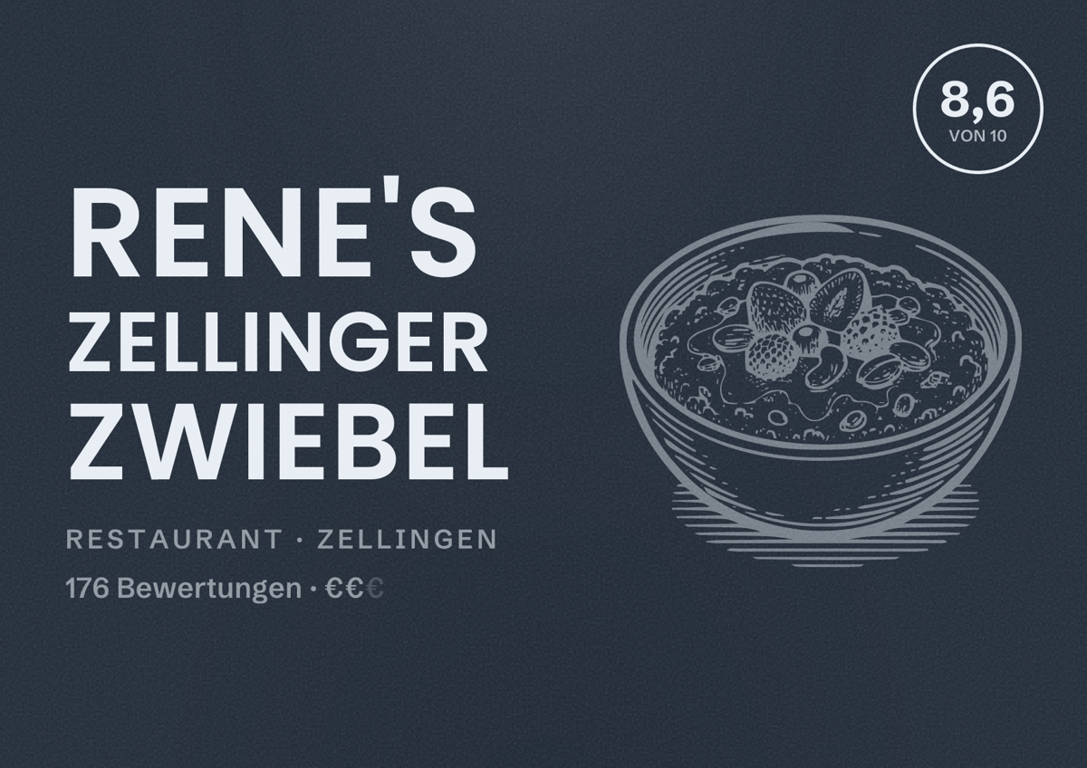 Illustriertes Poster von Rene's Zellinger Zwiebel, Restaurant in Zellingen: Bewertung 8,6 von 10 aus 176 Bewertungen, Preisniveau €€