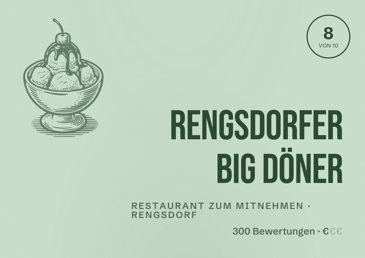 Illustriertes Poster von Rengsdorfer Big Döner, Restaurant zum Mitnehmen in Rengsdorf: Bewertung 8 von 10 aus 300 Bewertungen, Preisniveau €