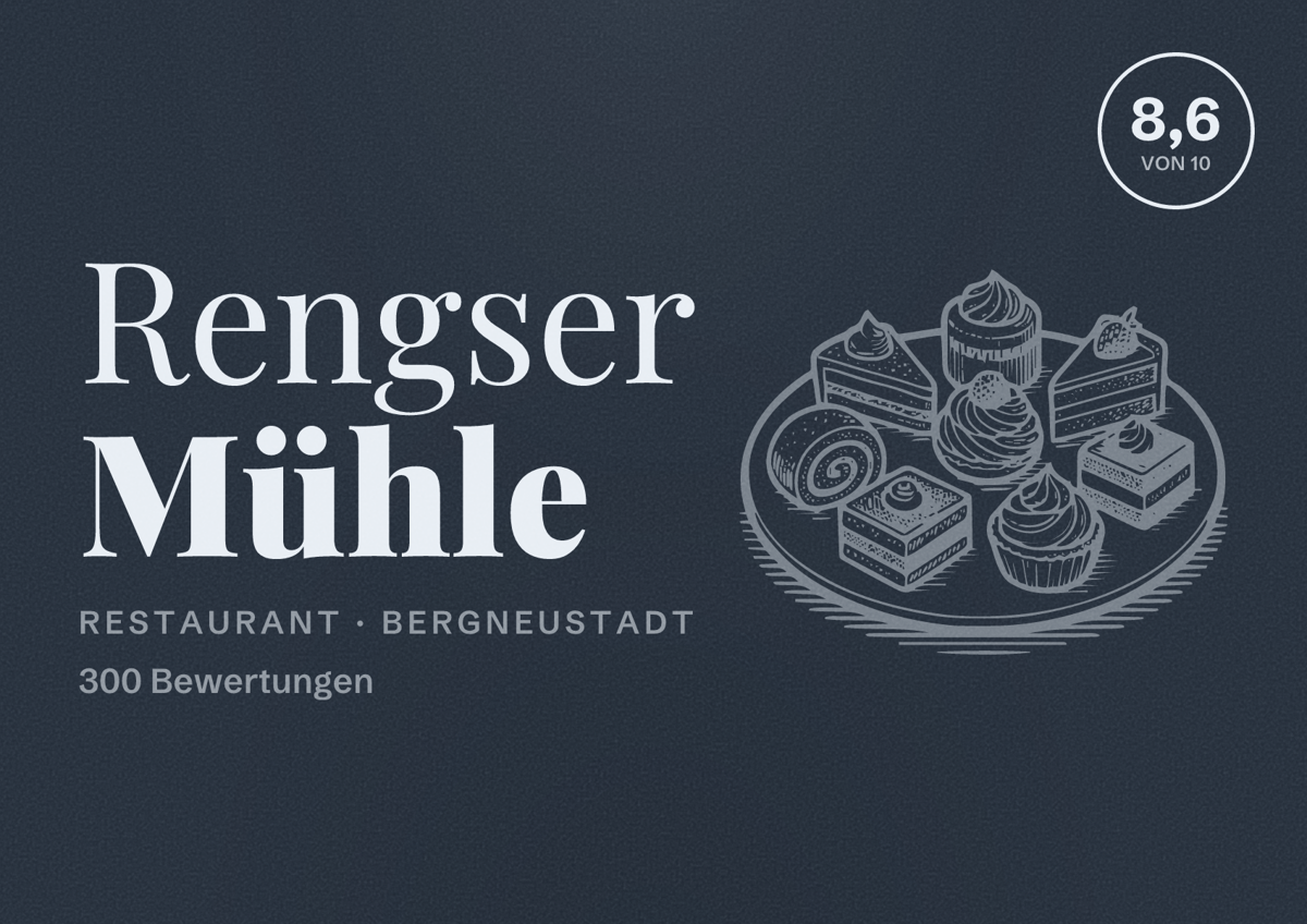 Illustriertes Poster von Rengser Mühle, Restaurant in Bergneustadt: Bewertung 8,6 von 10 aus 300 Bewertungen
