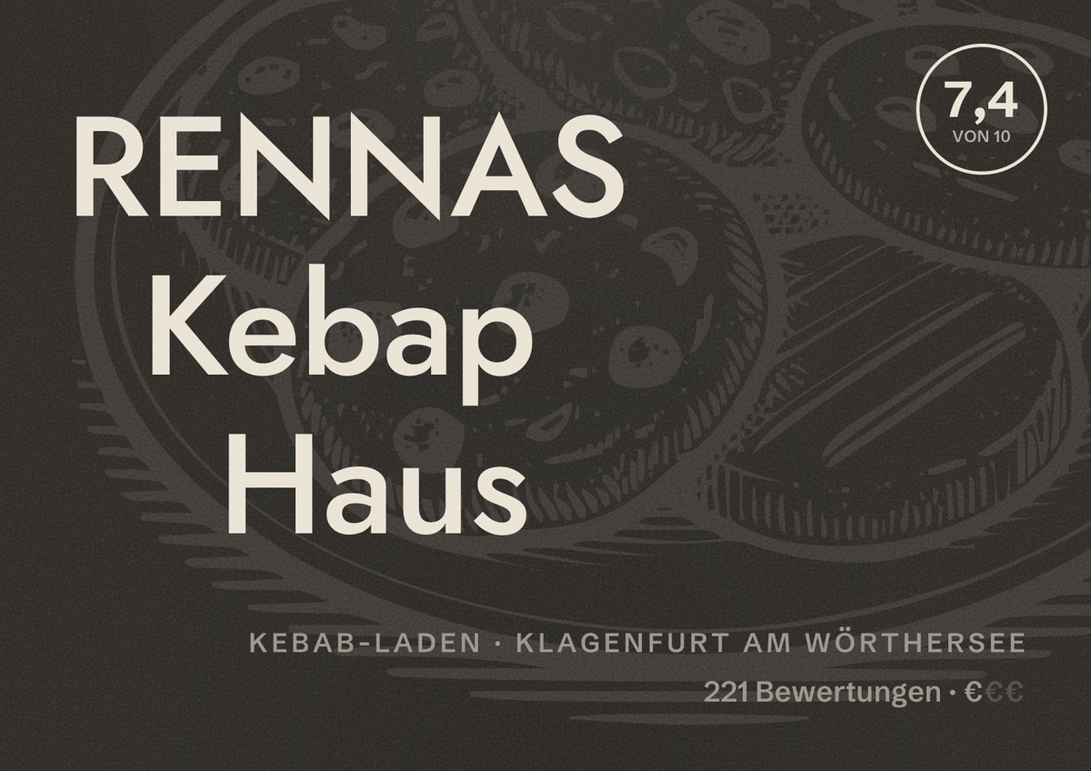 Illustriertes Poster von RENNAS Kebap Haus, Kebab-Laden in Klagenfurt am Wörthersee: Bewertung 7,4 von 10 aus 221 Bewertungen, Preisniveau €