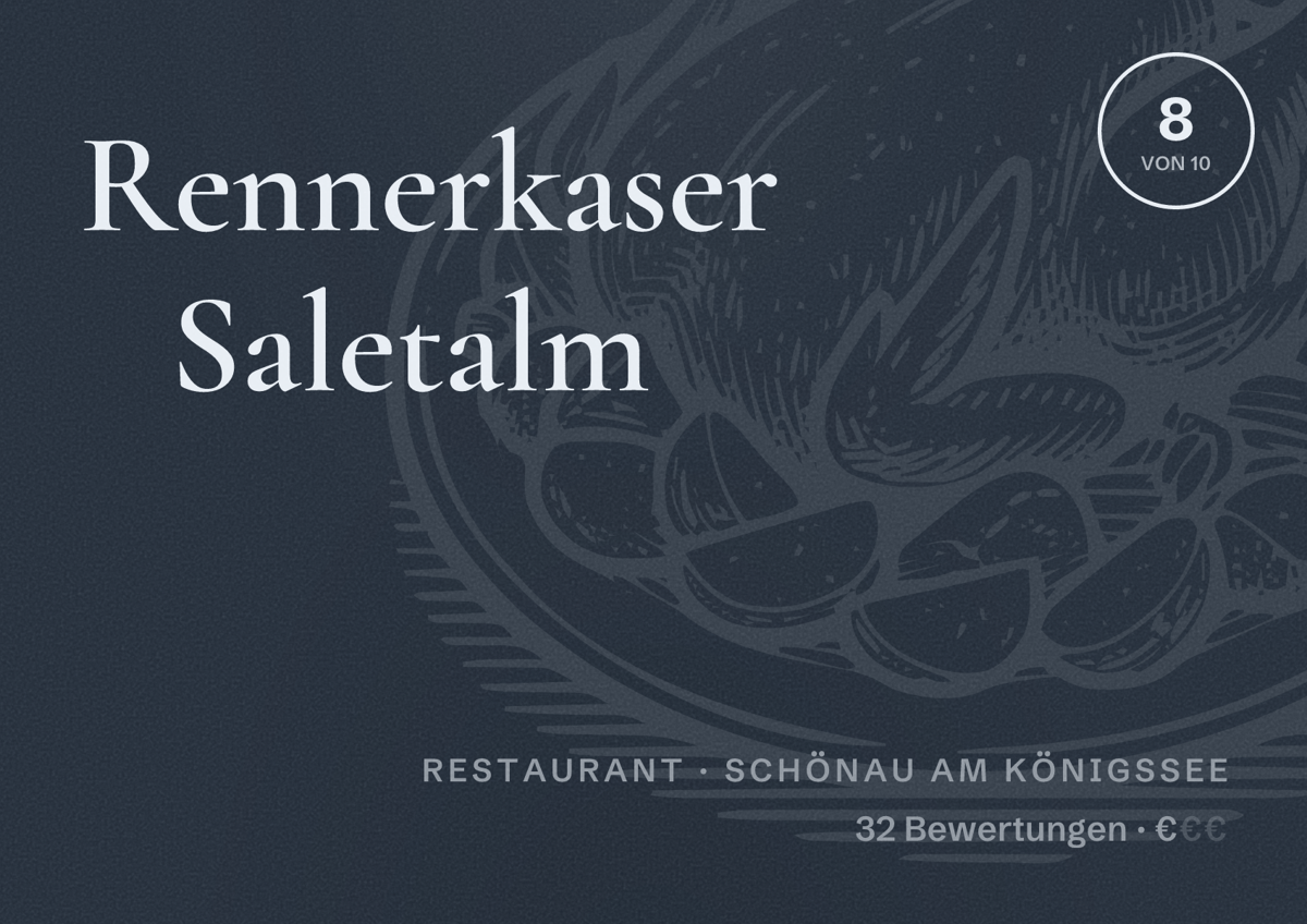 Illustriertes Poster von Rennerkaser Saletalm, Restaurant in Schönau am Königssee: Bewertung 8 von 10 aus 32 Bewertungen, Preisniveau €