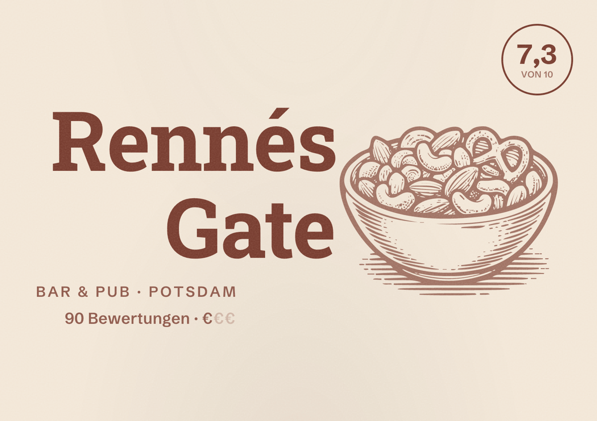 Illustriertes Poster von Rennés Gate, Bar & Pub in Potsdam: Bewertung 7,3 von 10 aus 90 Bewertungen, Preisniveau €