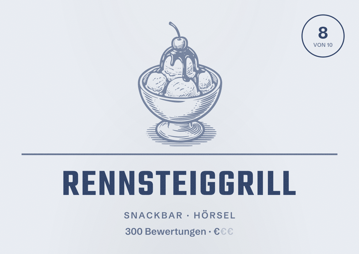 Illustriertes Poster von Rennsteiggrill, Snackbar in Hörsel: Bewertung 8 von 10 aus 300 Bewertungen, Preisniveau €