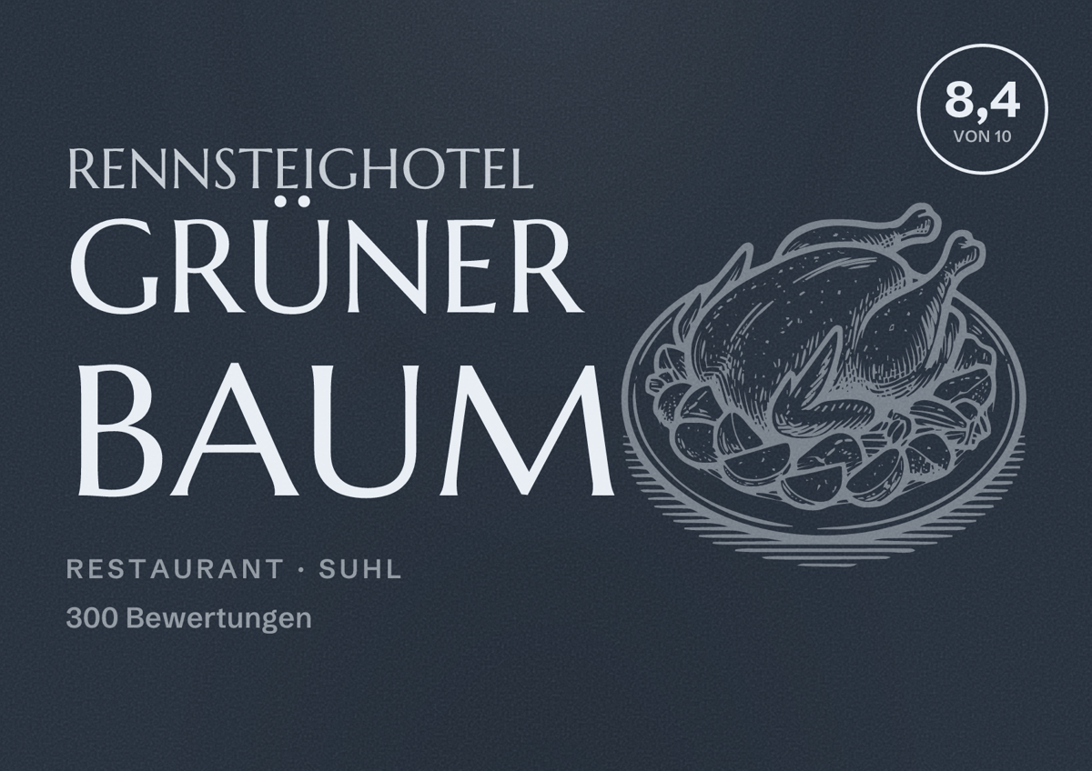 Illustriertes Poster von Rennsteighotel Grüner Baum, Restaurant in Suhl: Bewertung 8,4 von 10 aus 300 Bewertungen