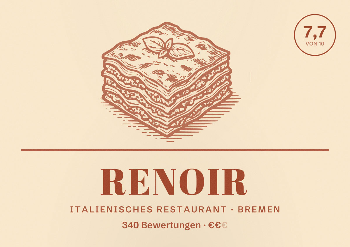 Illustriertes Poster von Renoir, Italienisches Restaurant in Bremen: Bewertung 7,7 von 10 aus 340 Bewertungen, Preisniveau €€