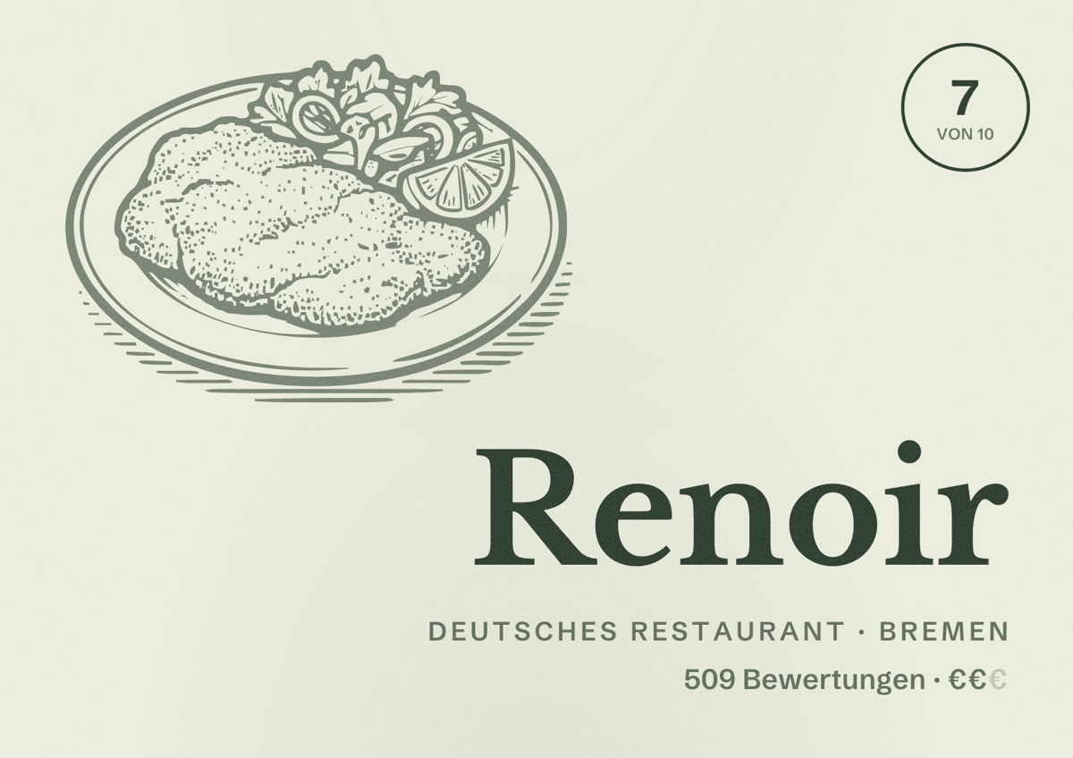 Illustriertes Poster von Renoir, Deutsches Restaurant in Bremen: Bewertung 7 von 10 aus 509 Bewertungen, Preisniveau €€