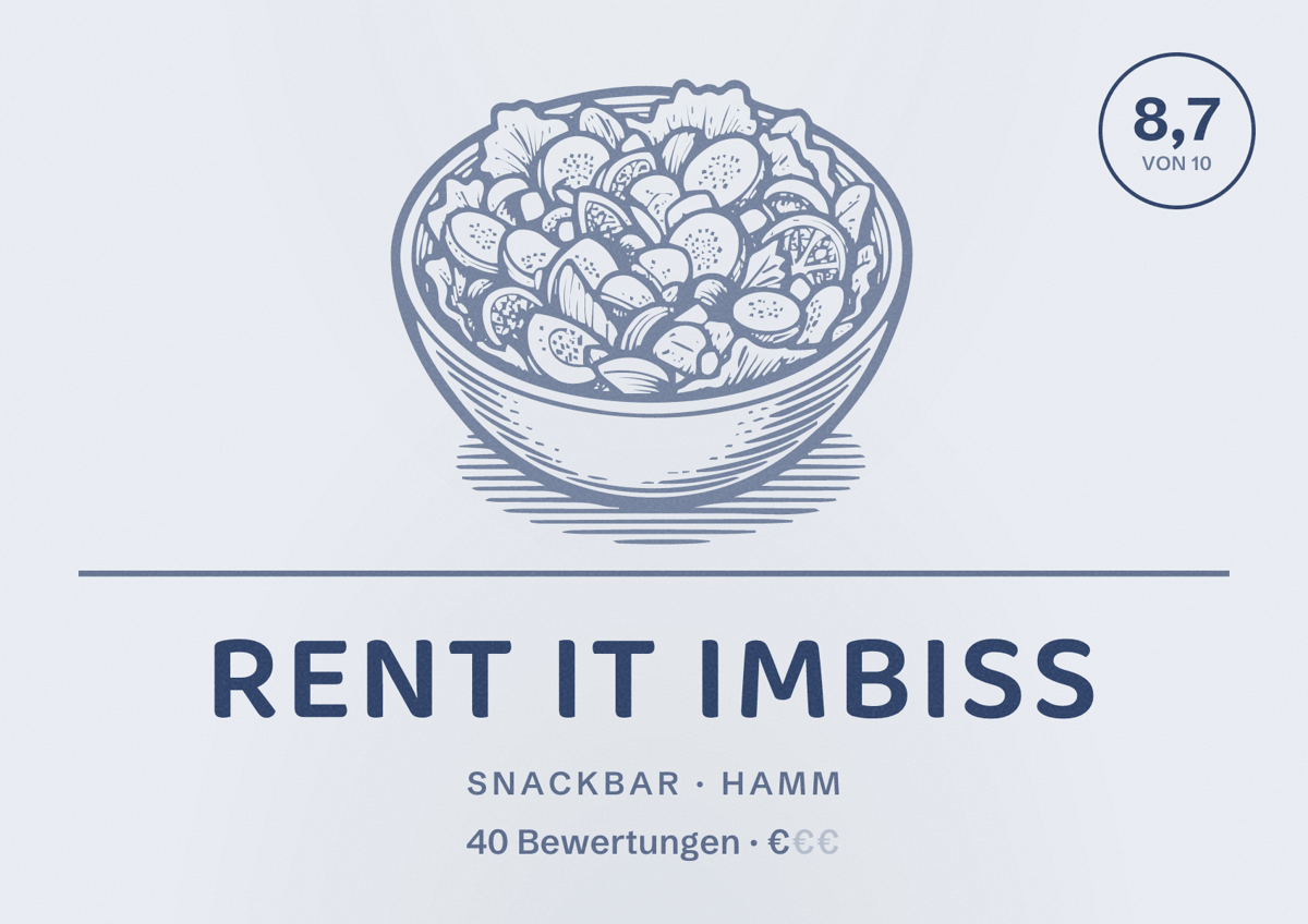 Illustriertes Poster von Rent It Imbiss, Snackbar in Hamm: Bewertung 8,7 von 10 aus 40 Bewertungen, Preisniveau €