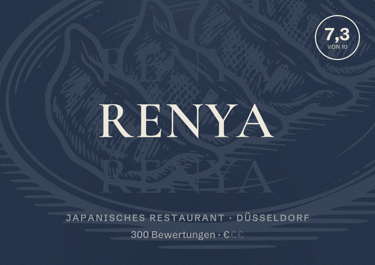 Illustriertes Poster von Renya, Japanisches Restaurant in Düsseldorf: Bewertung 7,3 von 10 aus 300 Bewertungen, Preisniveau €
