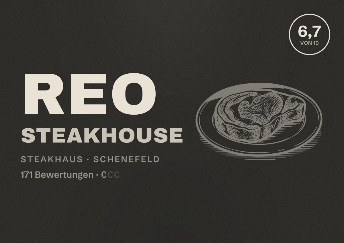 Illustriertes Poster von Reo Steakhouse, Steakhaus in Schenefeld: Bewertung 6,7 von 10 aus 171 Bewertungen, Preisniveau €