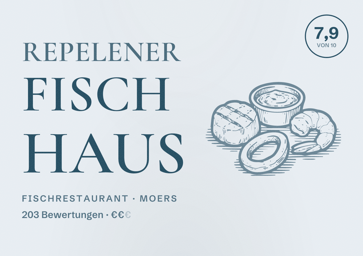 Illustriertes Poster von Repelener Fisch Haus, Fischrestaurant in Moers: Bewertung 7,9 von 10 aus 203 Bewertungen, Preisniveau €€