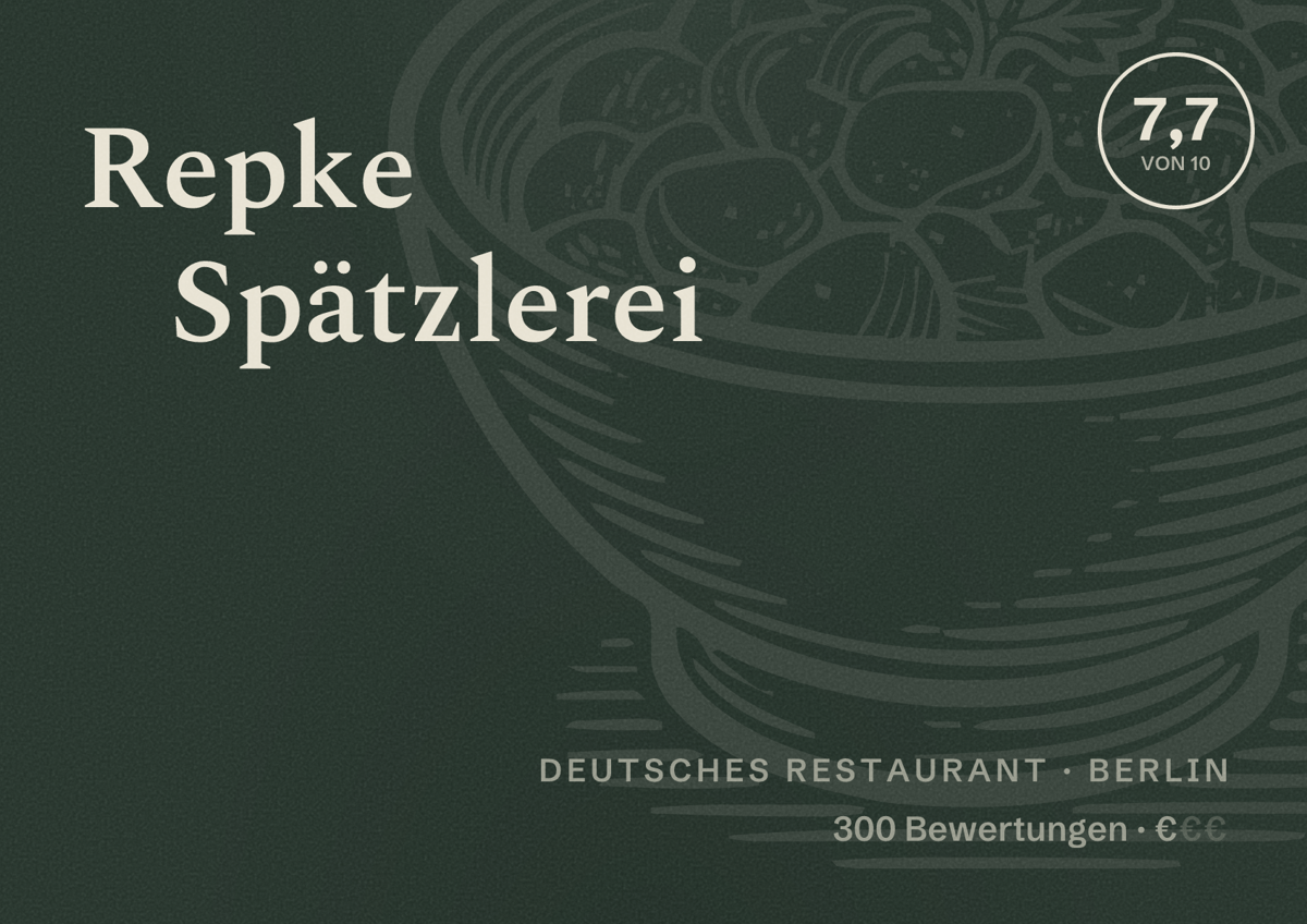 Illustriertes Poster von Repke Spätzlerei, Deutsches Restaurant in Berlin: Bewertung 7,7 von 10 aus 300 Bewertungen, Preisniveau €