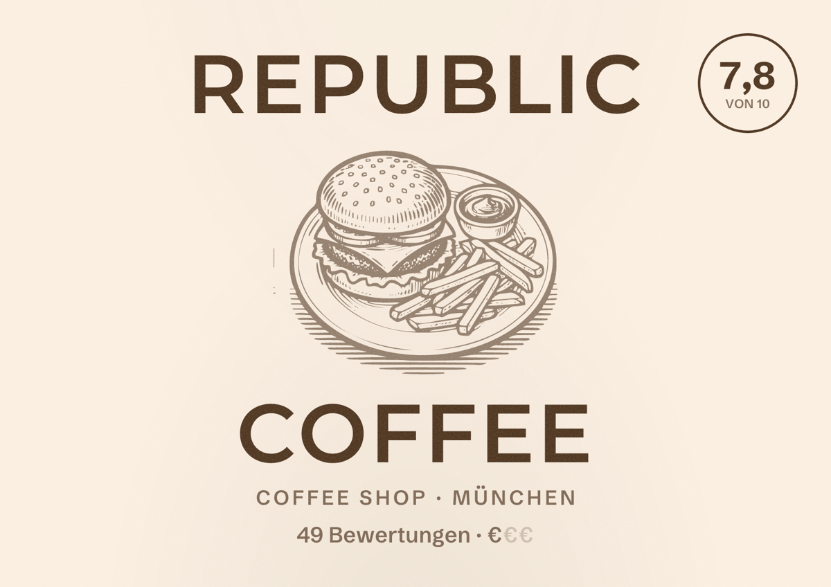 Illustriertes Poster von Republic Coffee, Coffee Shop in München: Bewertung 7,8 von 10 aus 49 Bewertungen, Preisniveau €