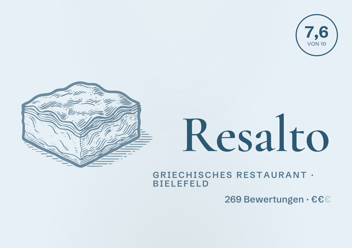 Illustriertes Poster von Resalto, Griechisches Restaurant in Bielefeld: Bewertung 7,6 von 10 aus 269 Bewertungen, Preisniveau €€