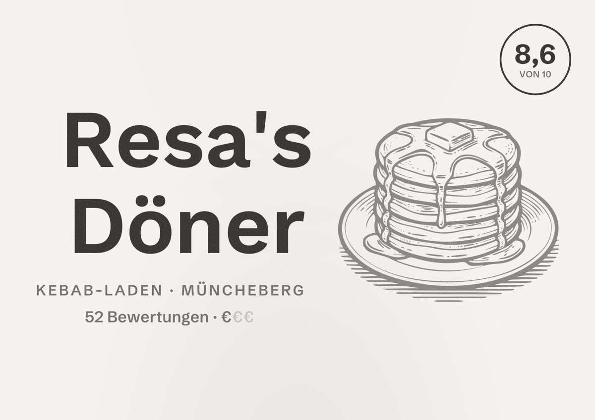Illustriertes Poster von Resa's Döner, Kebab-Laden in Müncheberg: Bewertung 8,6 von 10 aus 52 Bewertungen, Preisniveau €