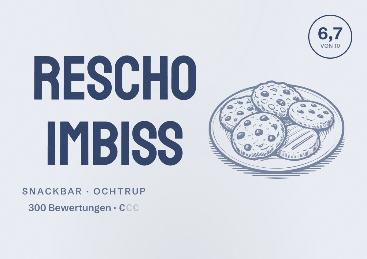 Illustriertes Poster von Rescho Imbiss, Snackbar in Ochtrup: Bewertung 6,7 von 10 aus 300 Bewertungen, Preisniveau €