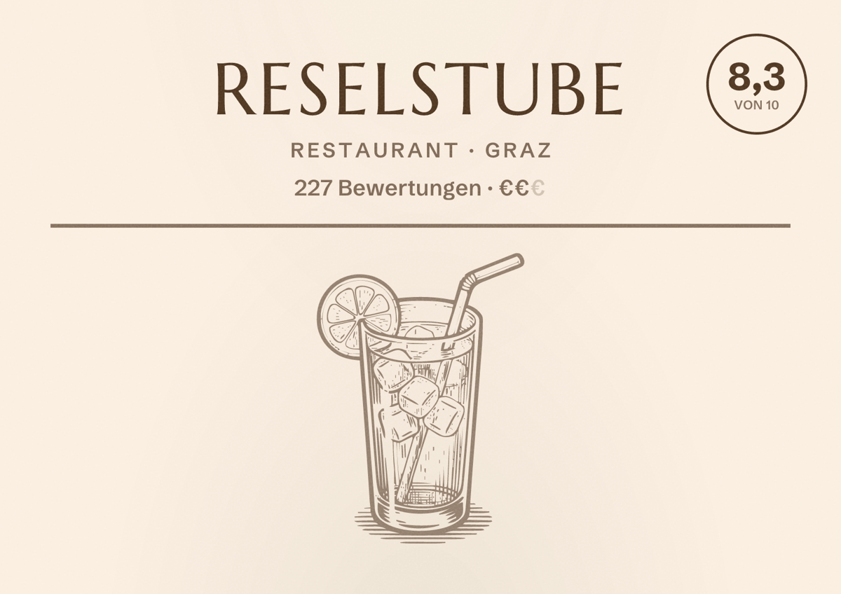 Illustriertes Poster von Reselstube, Restaurant in Graz: Bewertung 8,3 von 10 aus 227 Bewertungen, Preisniveau €€
