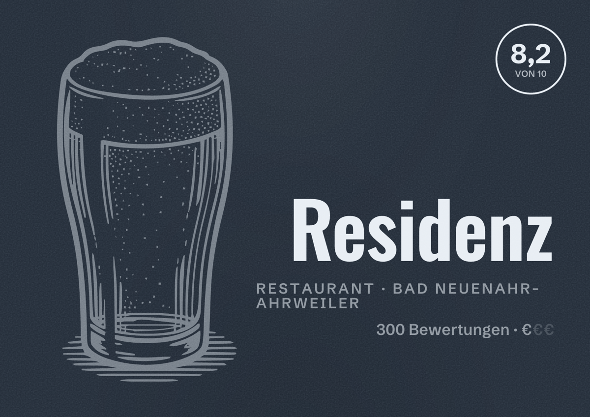 Illustriertes Poster von Residenz, Restaurant in Bad Neuenahr-Ahrweiler: Bewertung 8,2 von 10 aus 300 Bewertungen, Preisniveau €